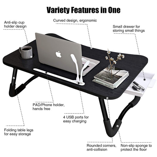 A3A ACADGQ laptop table, foldable laptop bed table, notebook desk with 4 USB charging ports, drawer, pad stand, cup holder, for bed, sofa, floor (60 x 40 cm, black)