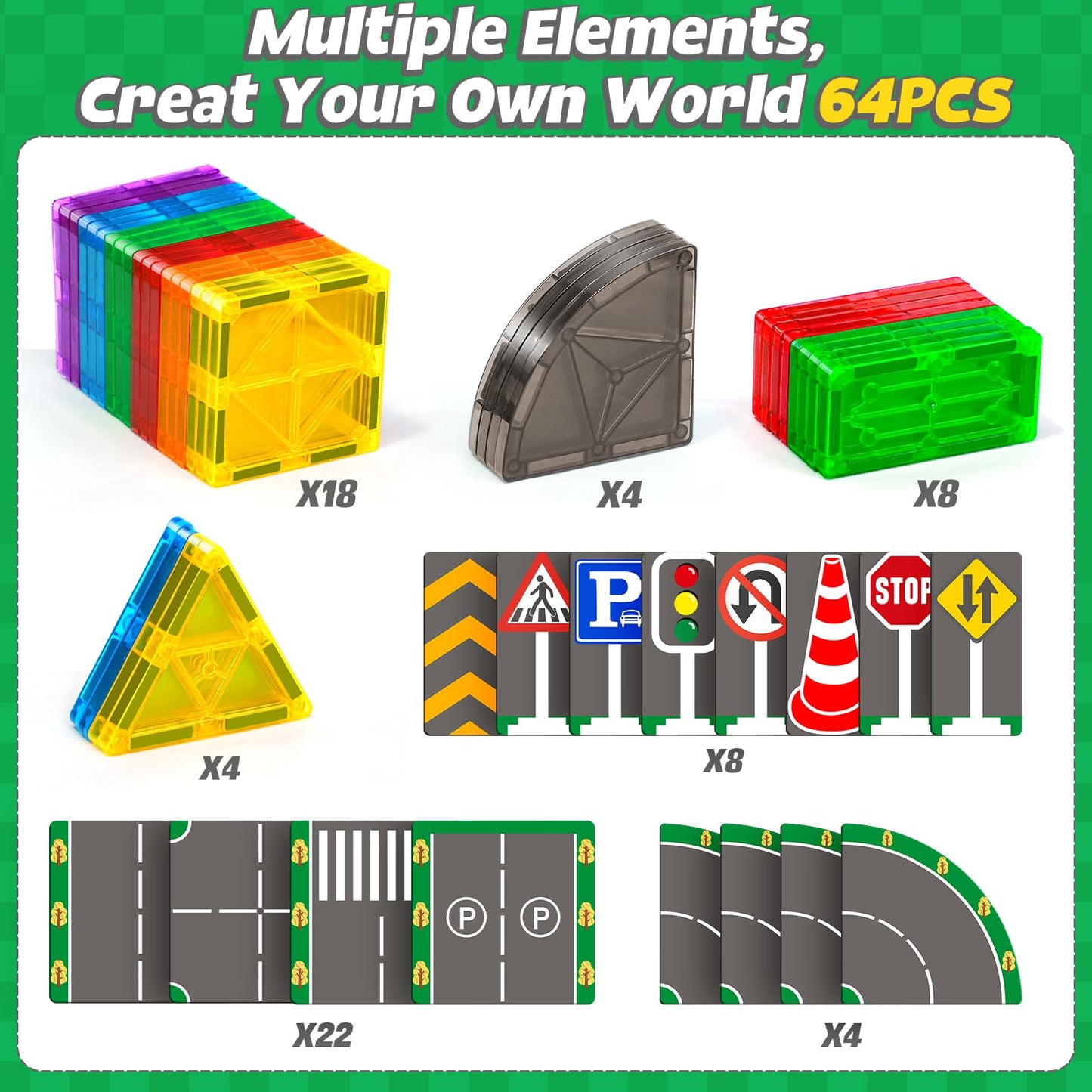 64-piece Magnetic Building Blocks Road Set with magnetic tiles STEM toy for 3 year old boys and girls. Customized birthday gifts for children aged 3-8 years.
