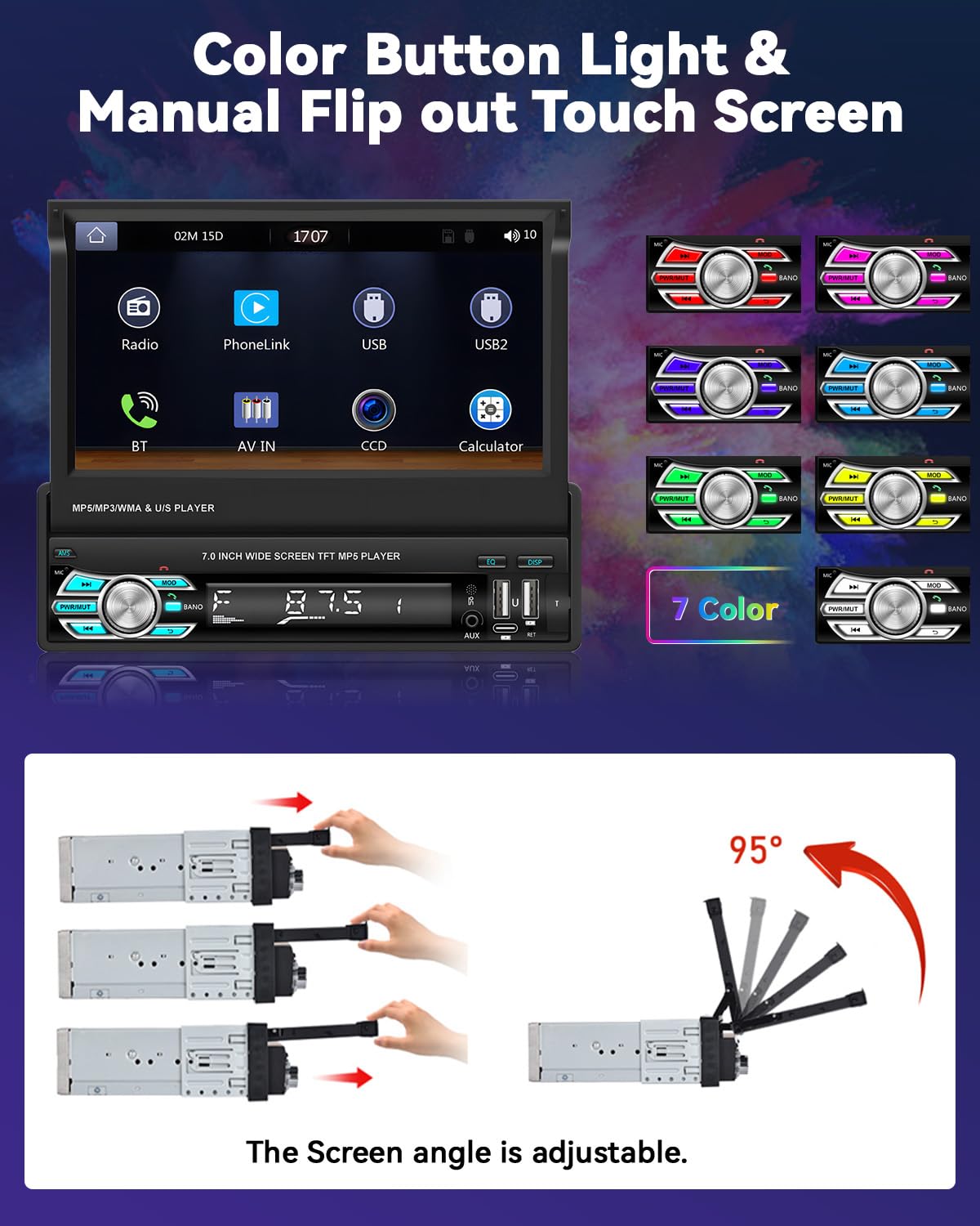 1Din wireless carplay android auto with retractable 7" screen car stereo with bluetooth hands-free calling USB Type-C interface AUX FM RDS mirror link backup camera
