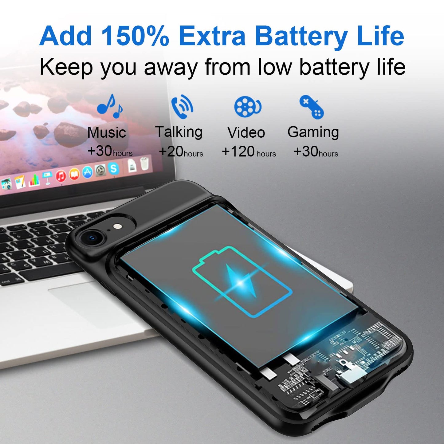 JUBOTY 6800mAh battery case for iPhone 6/6S/7/8/SE 2020/SE 2022, high capacity, portable charging case, extended battery, rechargeable phone battery charger, 4.7 inches (black)