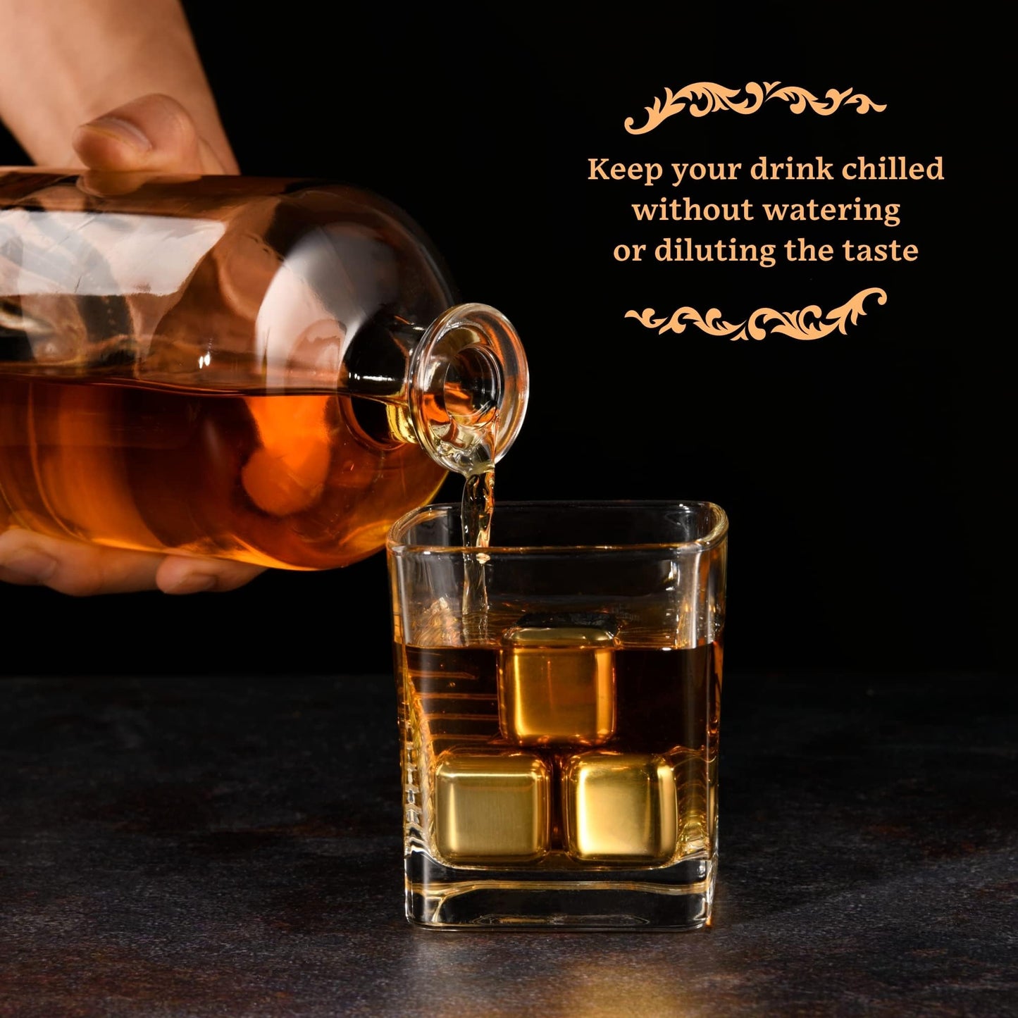 GOURMEO 6 Whiskey Stones Stainless Steel in Gold incl. Wooden Gift Box - Reusable Whisky Stones in the set as an alternative to traditional ice cubes.