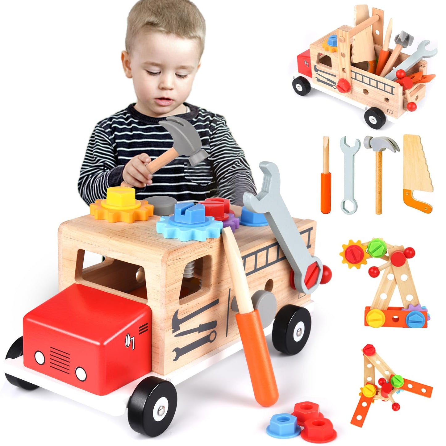 Toolbox for kids workbench, Montessori wooden toy kids toolset for ages 2 3 4, toy toolbox learning games tool kit kids tool cart gift boy girl 2 3 4 years.