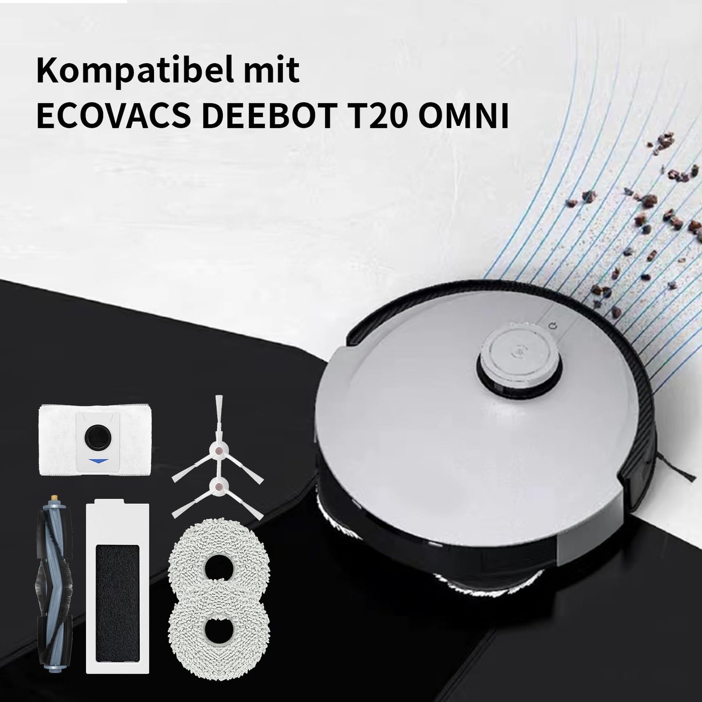 Spare parts set for ECOVACS DEEBOT T20 Omni / T20e Omni, 1 main brush, 2 filters, 8 side brushes, 4 mopping cloths, 3 dust bags, 1 brush cleaning tool