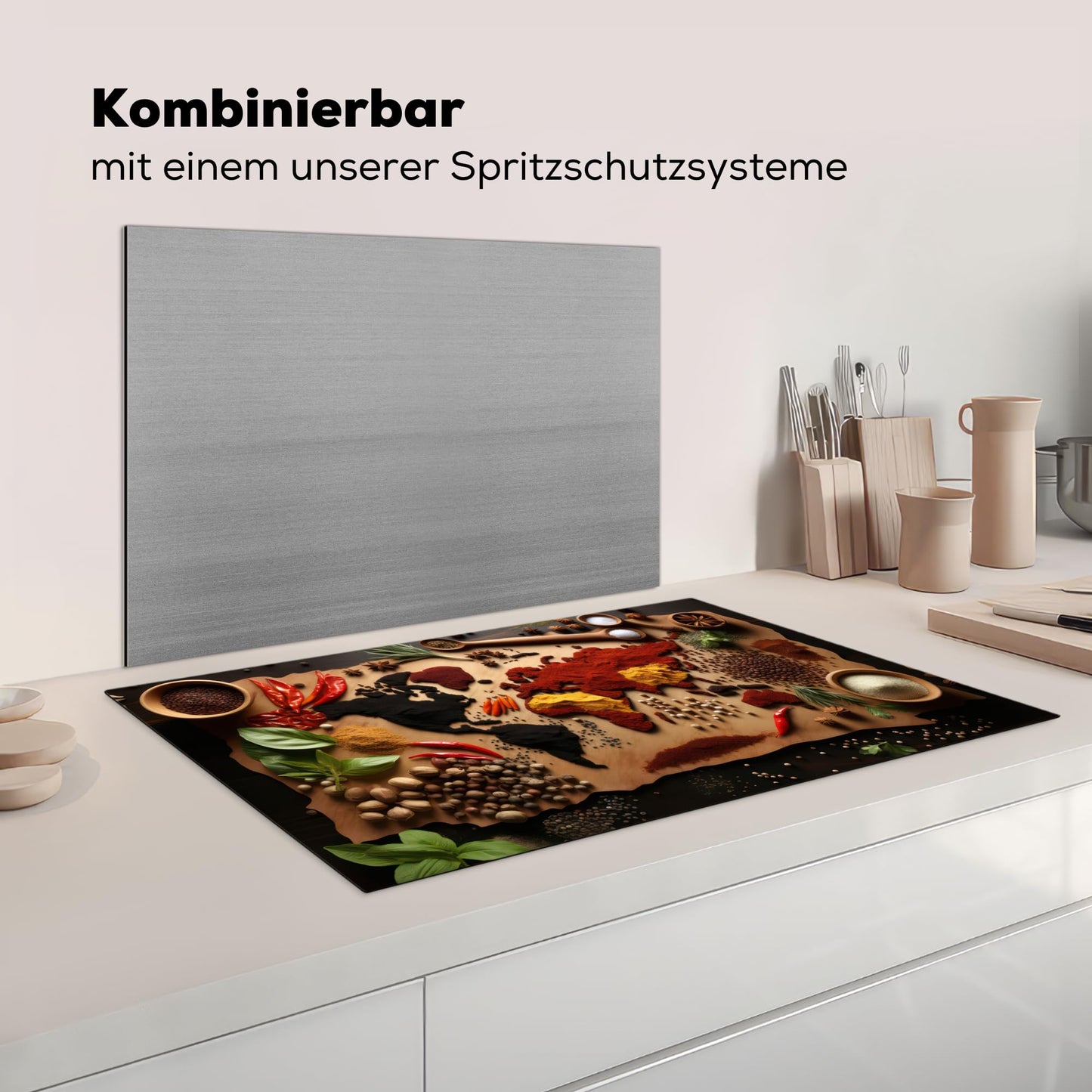 KitchenYeah© Induction stove cover protection mat kitchen stove cover induction mat ceramic hob cover herbs - spices - world map - brown - spoon - kitchen - 83x51 cm