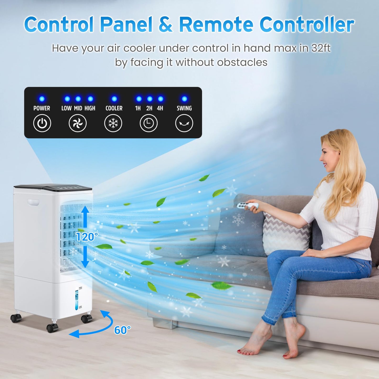 Air Conditioning Portable Air Cooler with Water Cooling Air Conditioning Without Exhaust Hose 60W Evaporative Cooler Oscillating 6L Water Tank 7h Timer 3 Cooling Packs