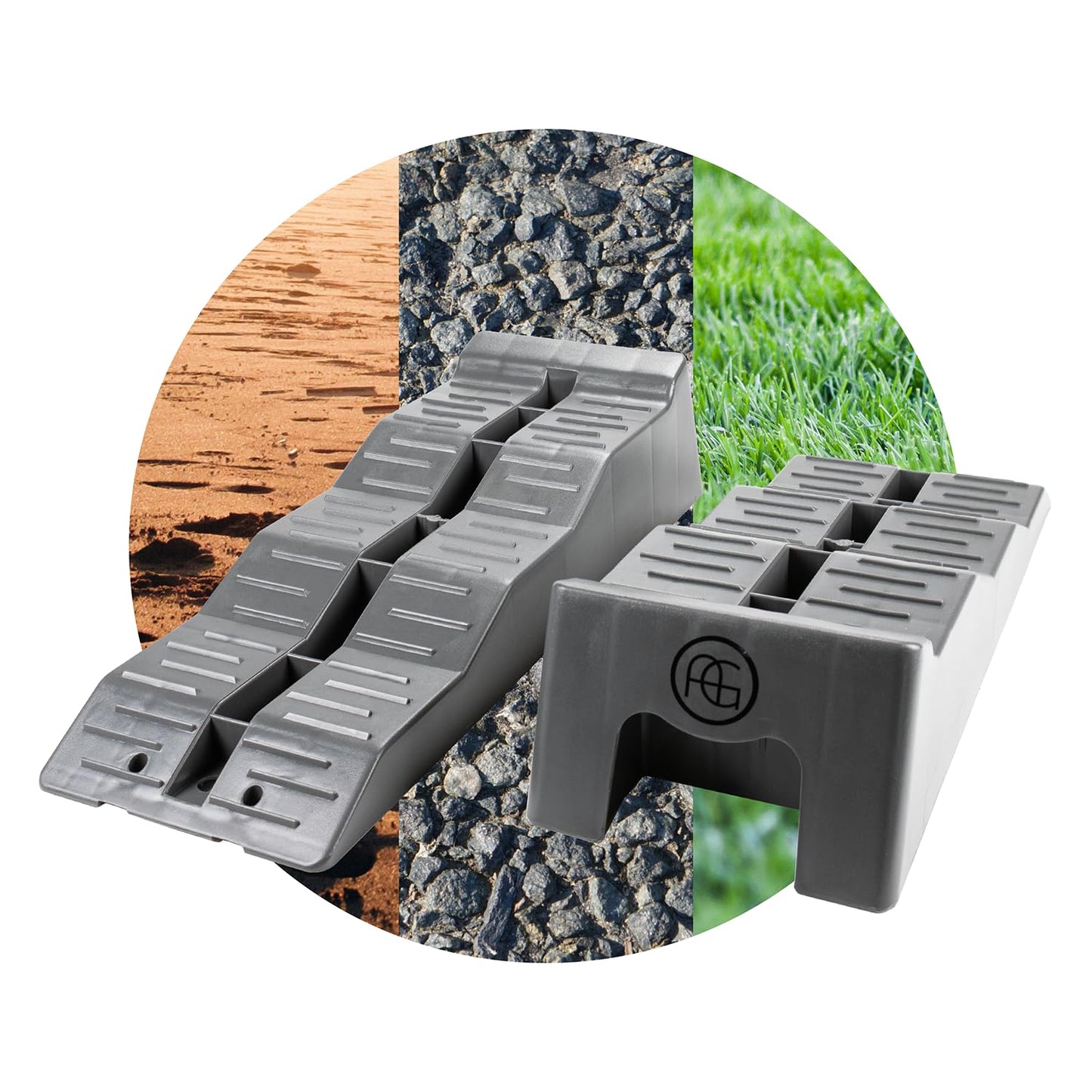 AG Automotive leveling ramps, leveling blocks for motorhomes, campers, and caravans. Womo Level Up ramp in gray for leveling on uneven surfaces while camping.