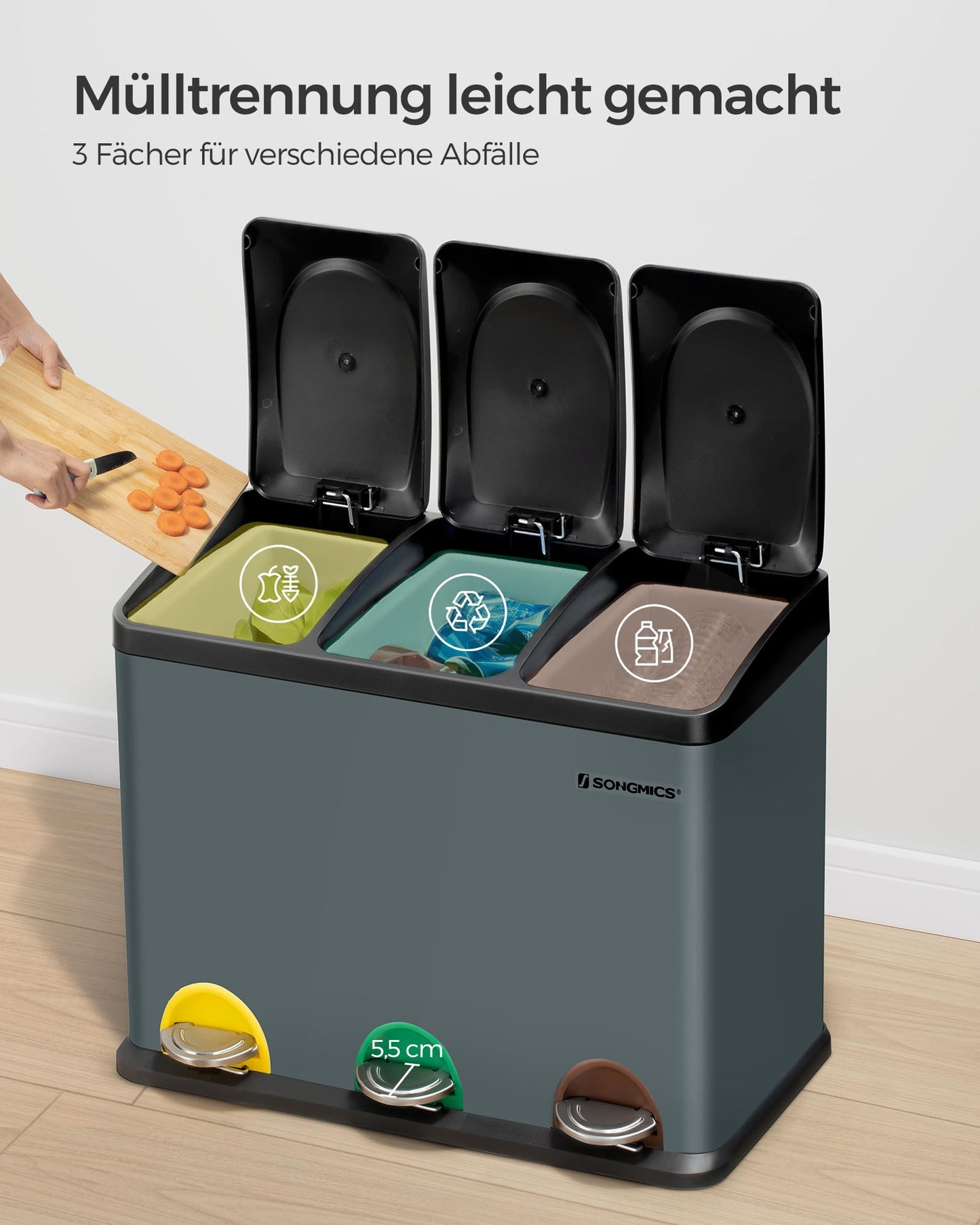 SONGMICS Kitchen Trash Can, Waste Separation System 3 Compartments, Garbage Bin, 45 Liter Metal Step Trash Can, 3 x 15 Liter, Step Trash Can with Lid, Steel, Green Grey-Ink Black LTB45G