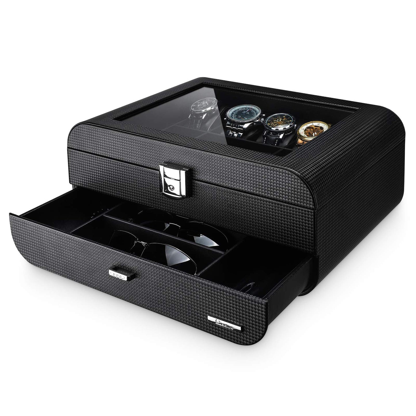 Seelux watch box for men with glass lid, lockable jewelry case for watches, rings, brooches, glasses. Gift for men, husband, boyfriend. Black.