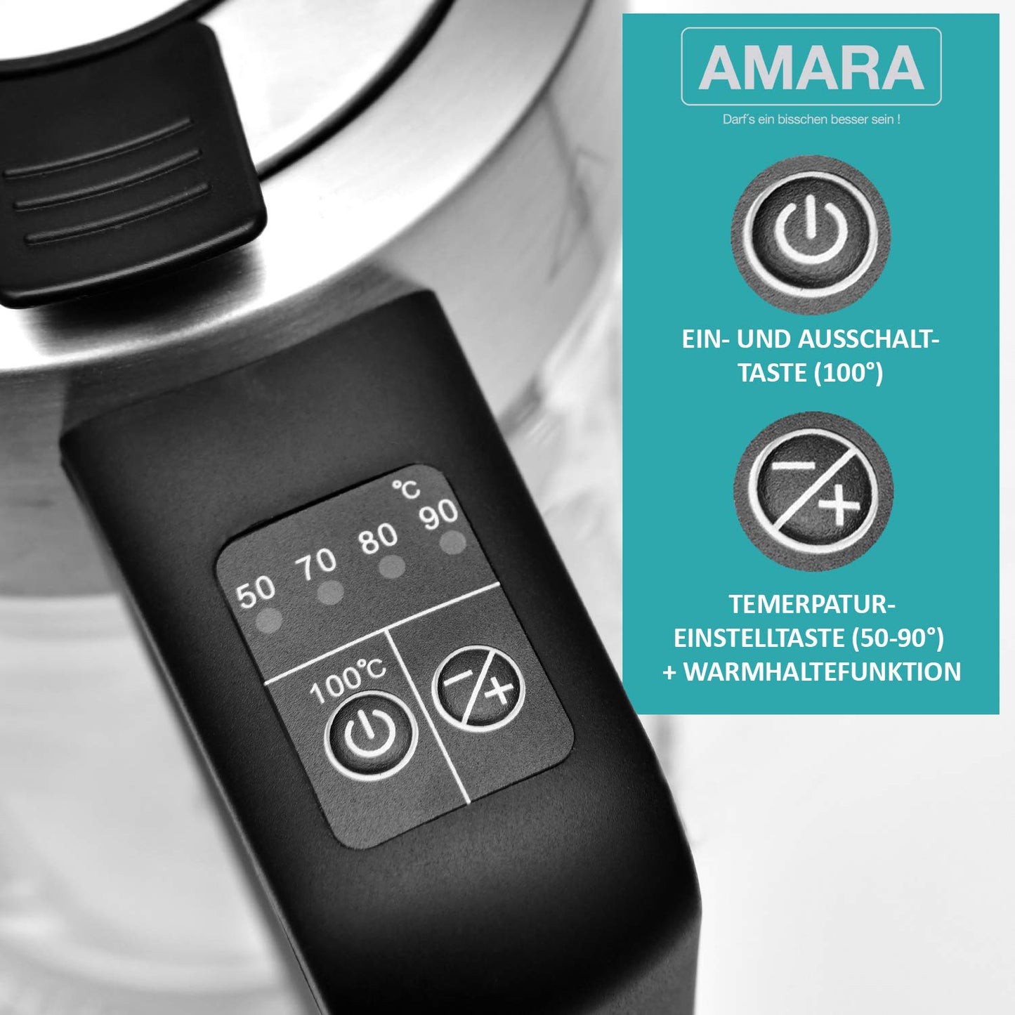 AMARA Glass Electric Kettle with Temperature Control 2200 Watts 2L especially quiet Temperature range 50-100°C With EASY-FILL filling system LED color change indicates temperature.