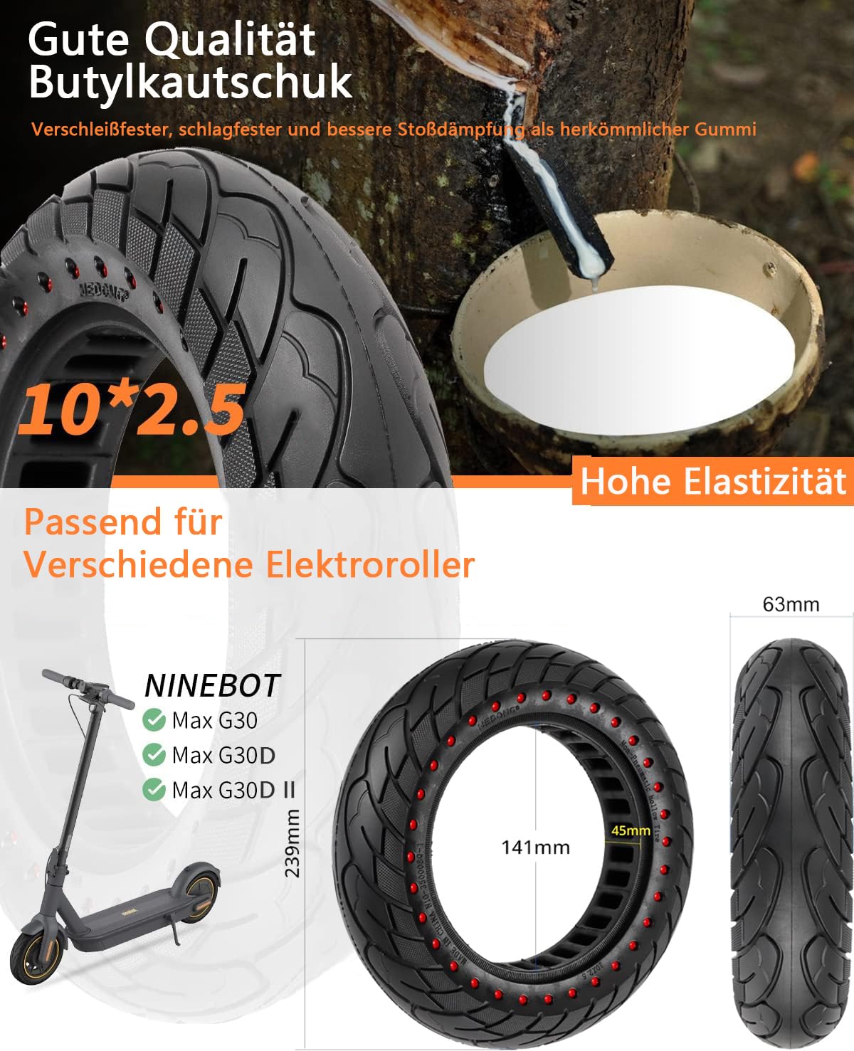 "VOLOHAS 60/70-6.5 Solid Rubber Tires 10*2.5 for Segway Ninebot Max G30/G30E/G30LP electric scooter front or rear Honeycomb Tires Anti-slip Puncture-proof (Red Dot 2 PCS)"