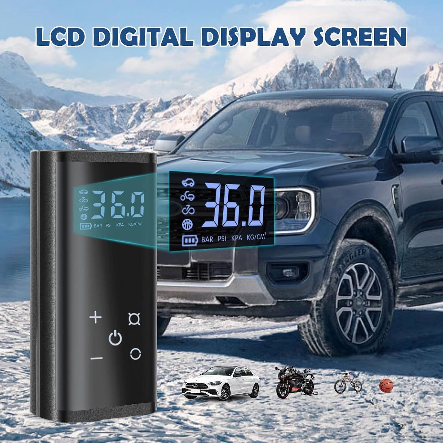 Electric air pump, 150 PSI portable battery compressor, 6000mAh bike pump air compressor for car bike motorcycle balls, touchscreen, rechargeable via USB-C, doubles as emergency light and power bank.