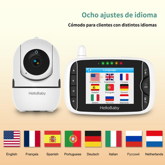 HelloBaby Baby Monitor with Camera, 3.2 inch screen, 355° Pan-120° Tilt-Zoom, Baby monitor without WiFi, 2-way audio, temperature, 8 lullabies, night vision, temperature sensor (Black/White)