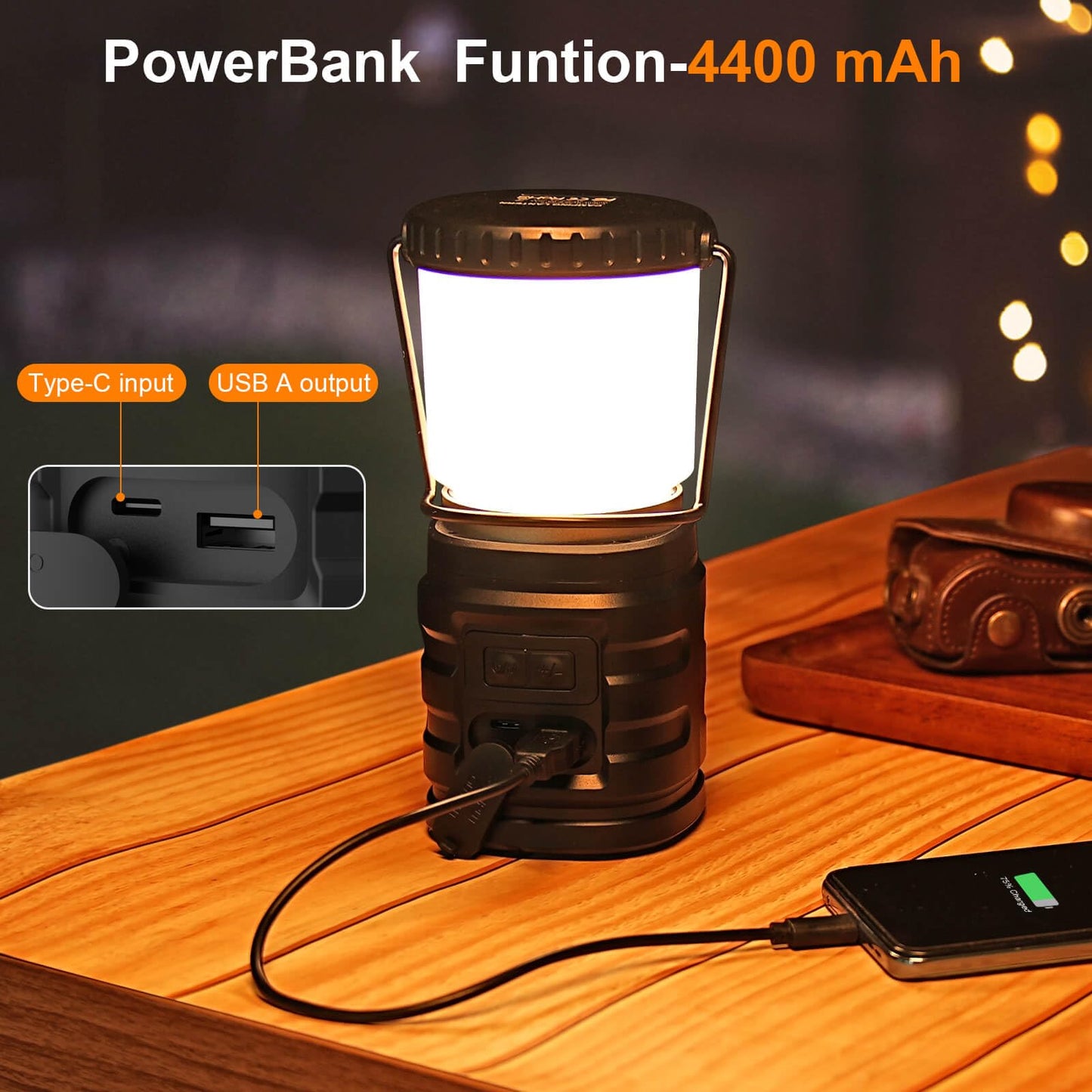 Tavaler Camping Lantern 4400mAh Battery USB C Rechargeable Camping Lamp with LED Battery Display Screen Camping Light IP65 Waterproof Camp Light for Hiking Outdoor, Emergency, Power Bank.
