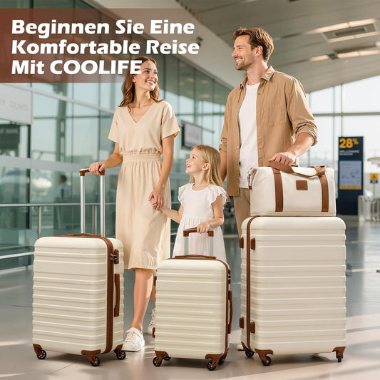 COOLIFE luggage trolley suitcase made of ABS hard shell with 4 wheels and TSA lock. The suitcase comes with 1 travel bag and 1 toiletry bag.