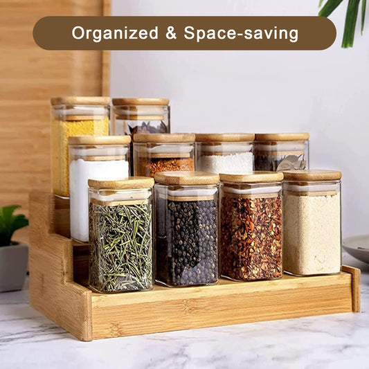 12-piece set of glass storage jars without labels, each with a 280ml capacity and wooden lids. Ideal for storing spices in the kitchen, these stackable containers are perfect for organizing your spice collection.