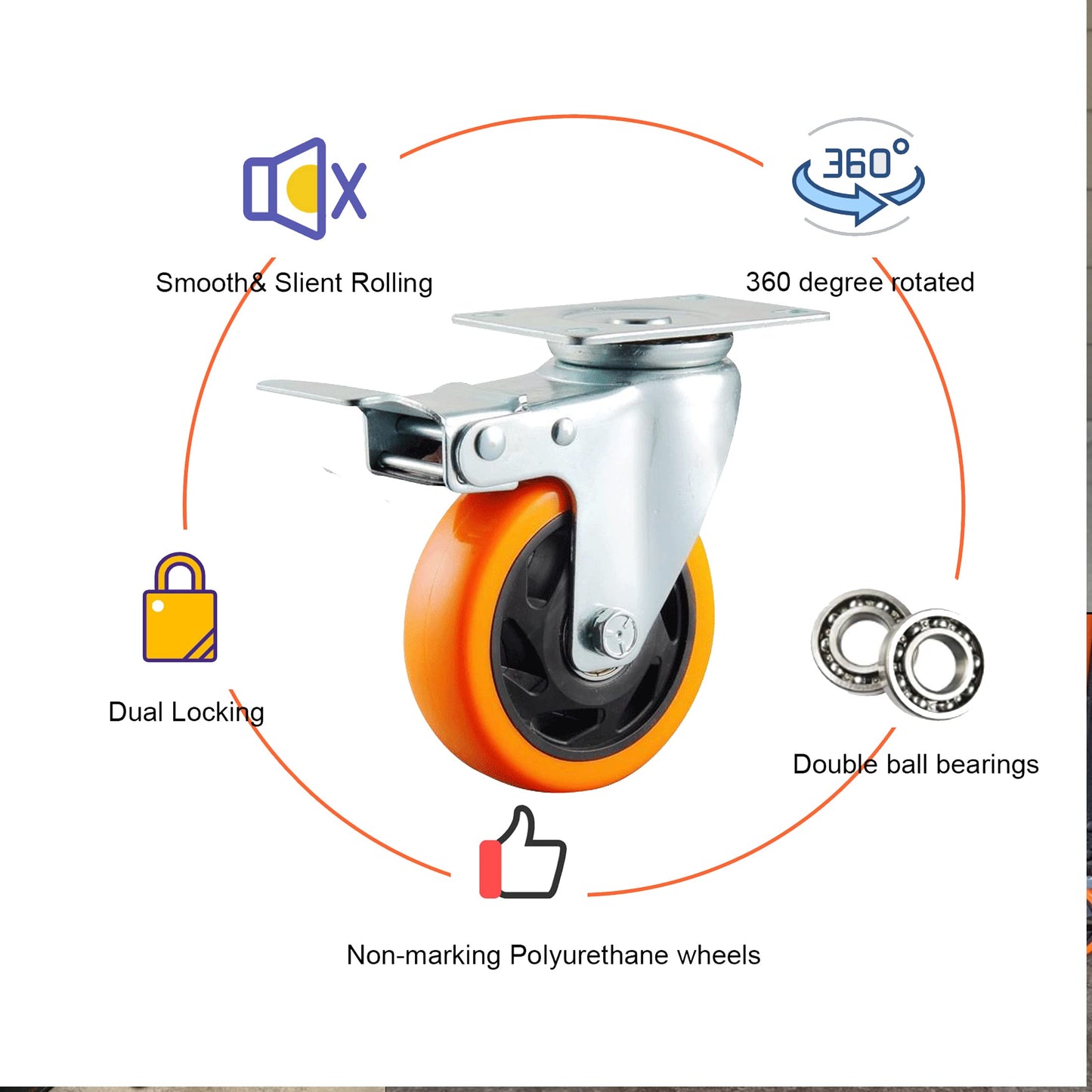 BAOLIHUI 4-Pack Furniture Casters 100MM Casters with Brake 600KG Heavy Duty Casters Furniture Transport Rollers Workbench Tool Cart Pallets Orange