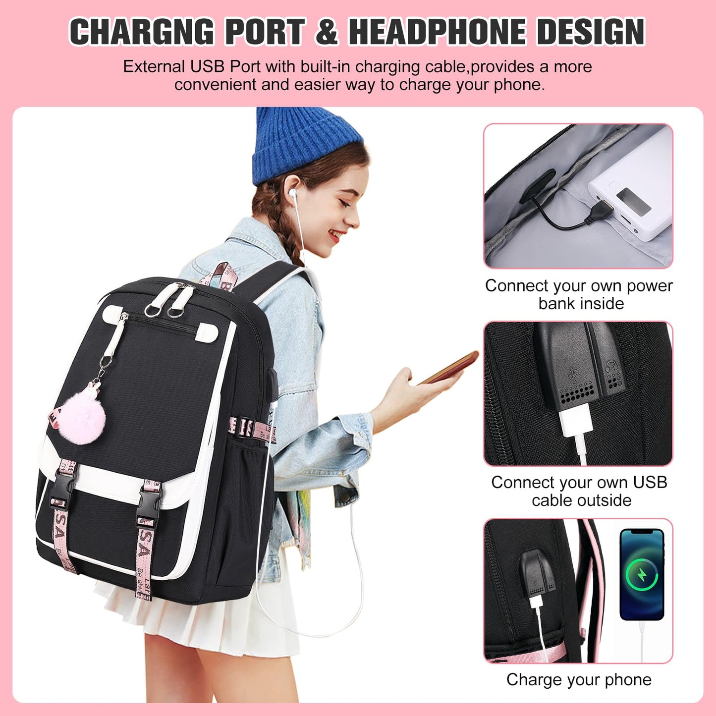 Bevalsa school backpack set for girls with lunch bag, 21L waterproof large casual daypack for elementary students in black color.