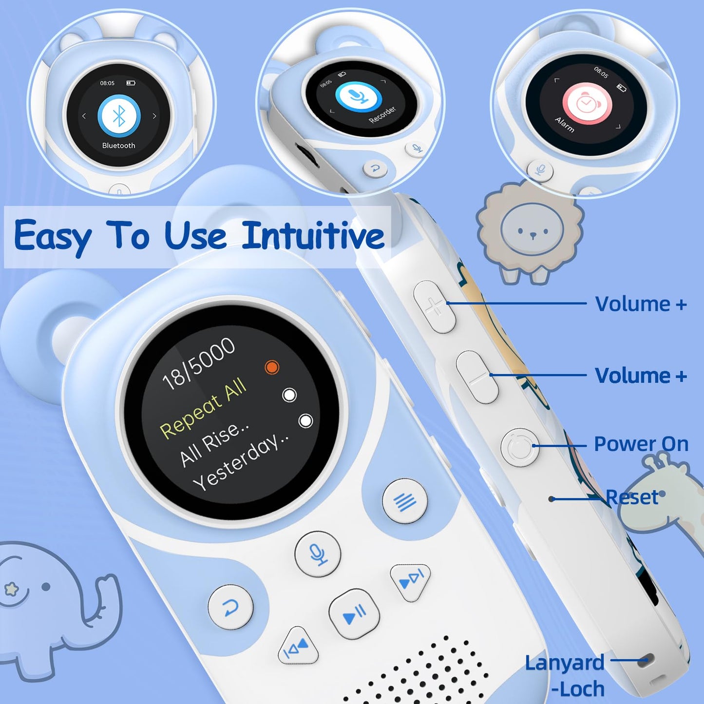 RUIZU 64GB MP3 Player for Kids Bluetooth 5.3 with headphones speaker Supports FM radio, alarm clock, one-touch recording, stopwatch function.
