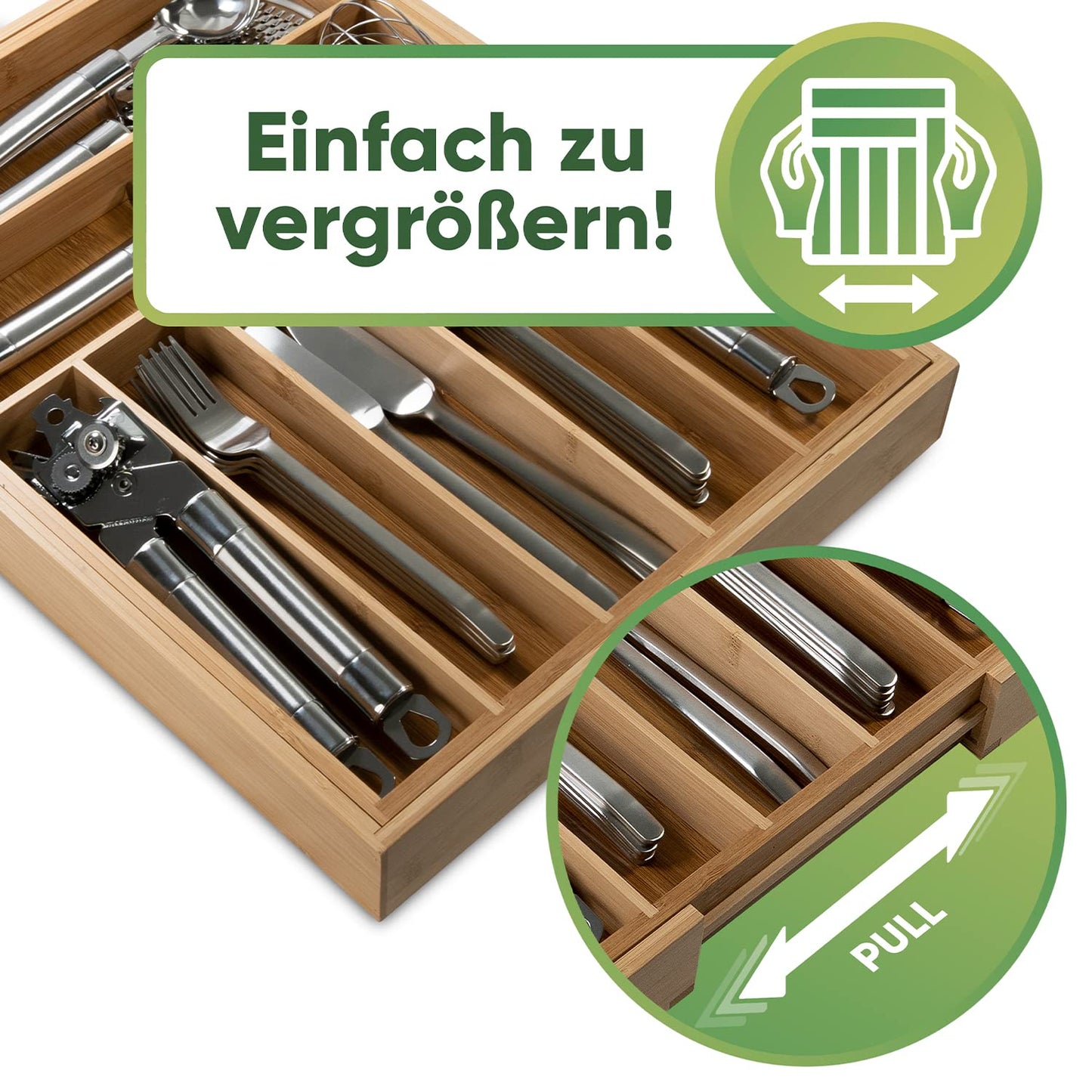 Loco Bird bamboo cutlery tray for drawers, extendable up to 50cm. Adjustable drawer insert for kitchen utensils. Wooden cutlery organizer for kitchen drawers.