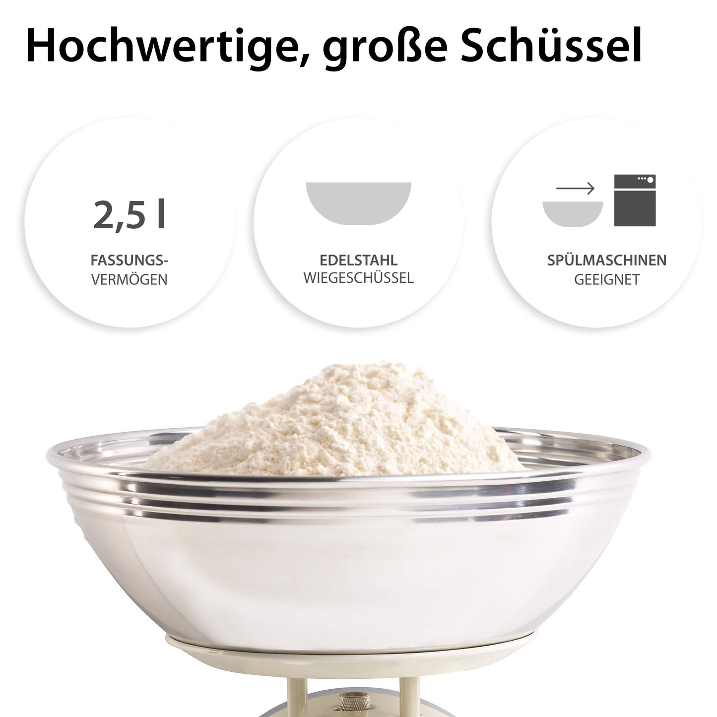 ADE Retro-style mechanical kitchen scale | precise display up to 8 kg | classic analog metal bowl scale | high-quality removable stainless steel bowl | cream white