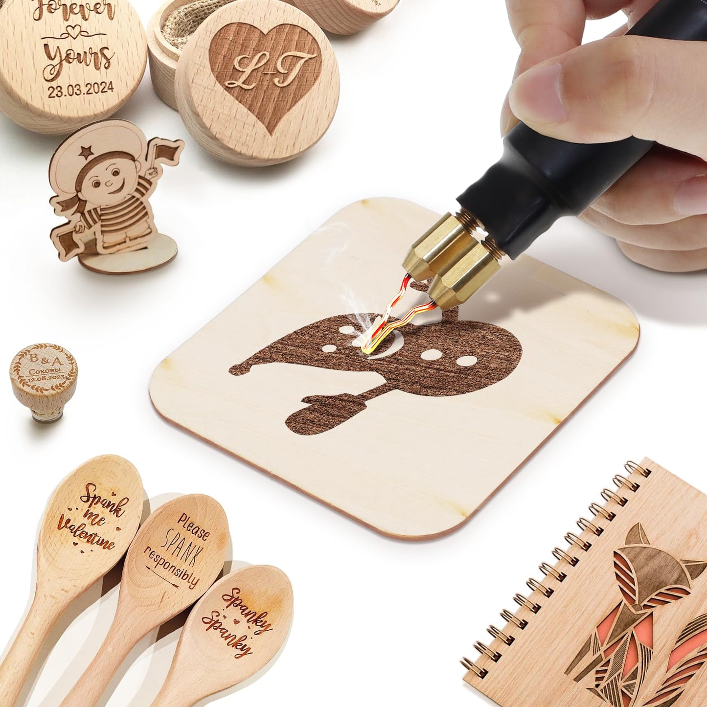 TEKCHIC wood burning kit, TEKCHIC 60W wood burning pen set with two wood burning pens, 20 wire tips, temperature adjustable wood burning tool for carving in black, 3-pin UK adapter.