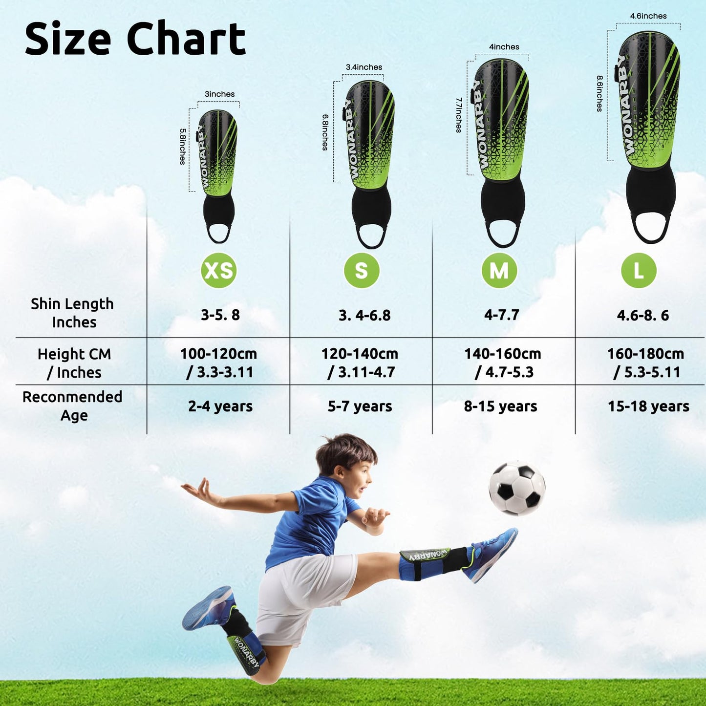 Shin guards for kids football ankle protection men - Soccer gear with adjustable velcro strap - Lightweight durable non-slip for boys girls ages 2 to 18 - Green XS