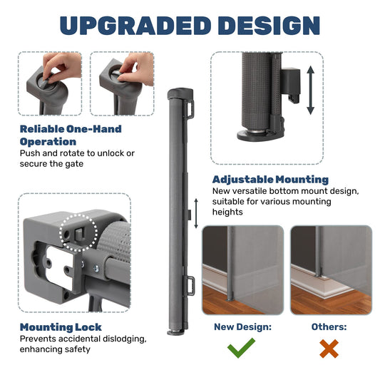 HollyHOME Retractable Stair Gate 0-180cm, Extra Wide Baby Gate, One-Hand Operation, Door Gate for Babies and Pets, Child Safety Gate, Mesh Gate for Stairs, Doors, Hallways, Grey.