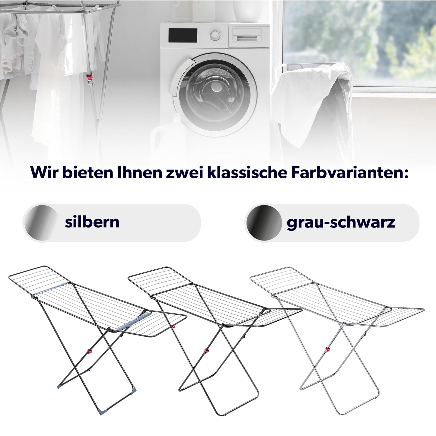 KADAX clothes dryer with 18m drying area in anthracite color, with wheels & sock hanger. Ideal for apartment balcony & garden, foldable wing dryer with non-slip feet, space-saving, Made in EU.