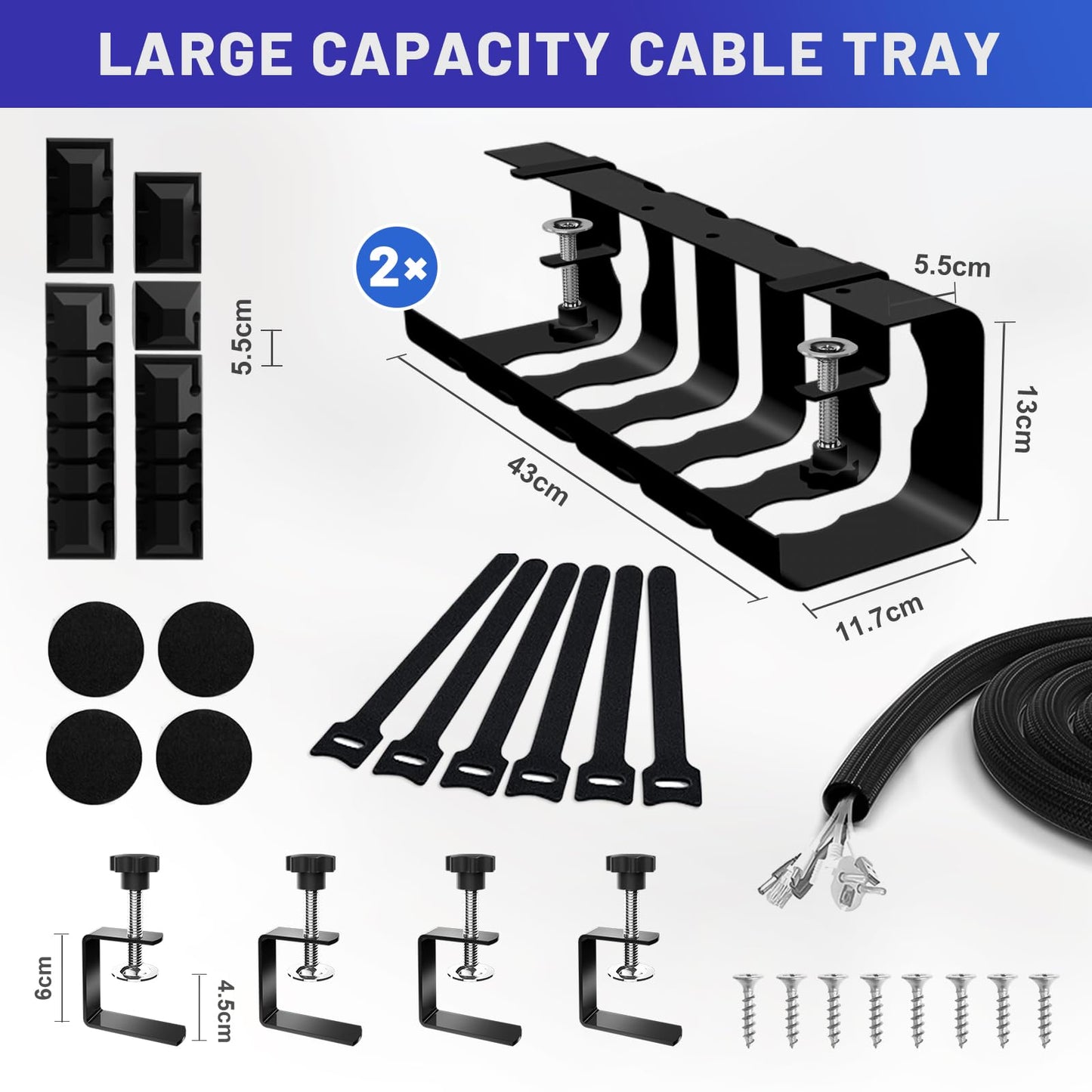 Lannvan Cable Channel Desk without drilling - 2 pack Cable Management Desk Clamp Under Desk - Includes Accessories - 43 x 13 x 12 cm Cable Holder Cable Tray Table - Cable Basket Black