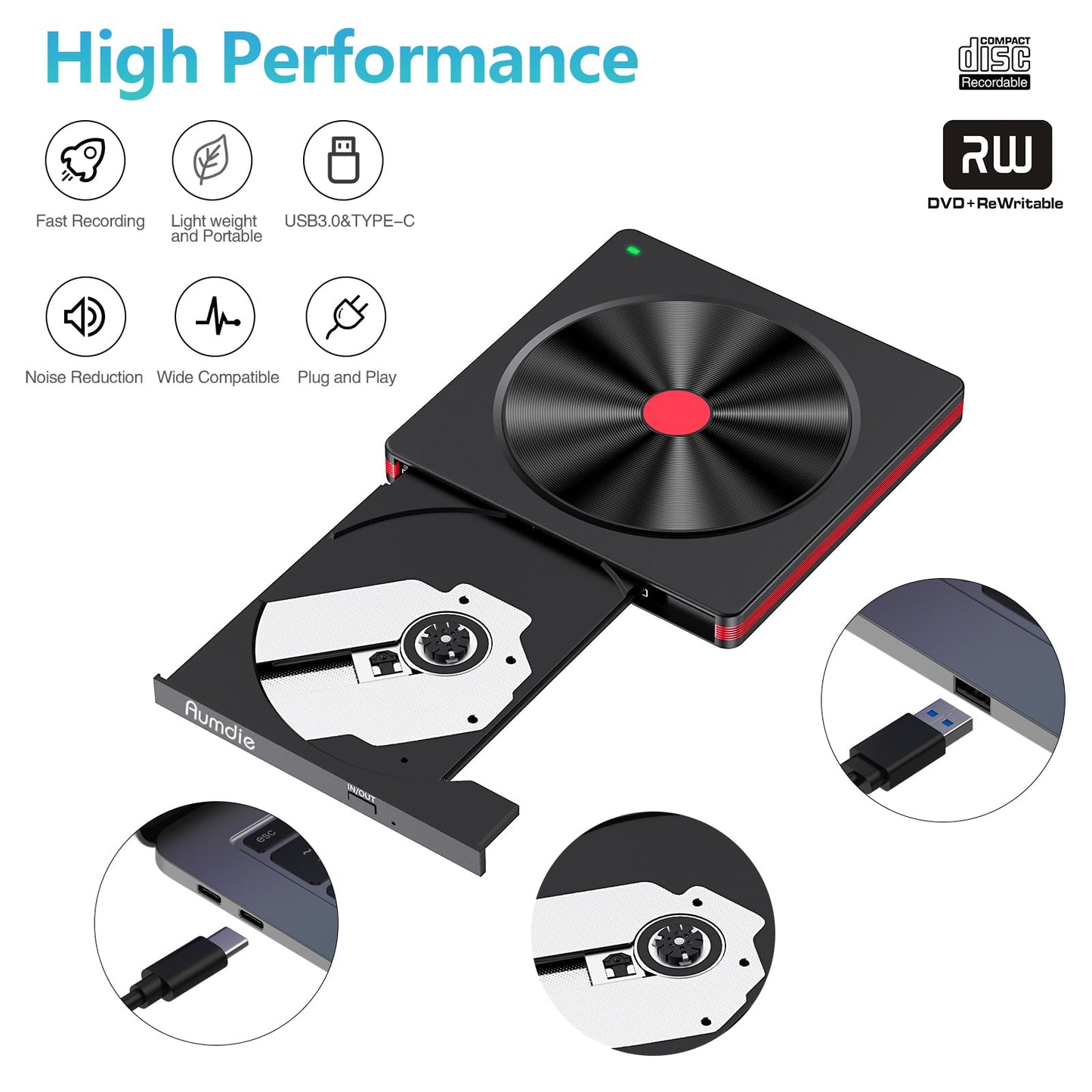 External DVD CD Drive, USB 3.0 & Type-C Portable CD DVD +/-RW Burner Optical Drive External CD ROM/DVD Drive for PC Laptop Desktop MacBook Windows 11/10/8.1/7 Linux/Mac