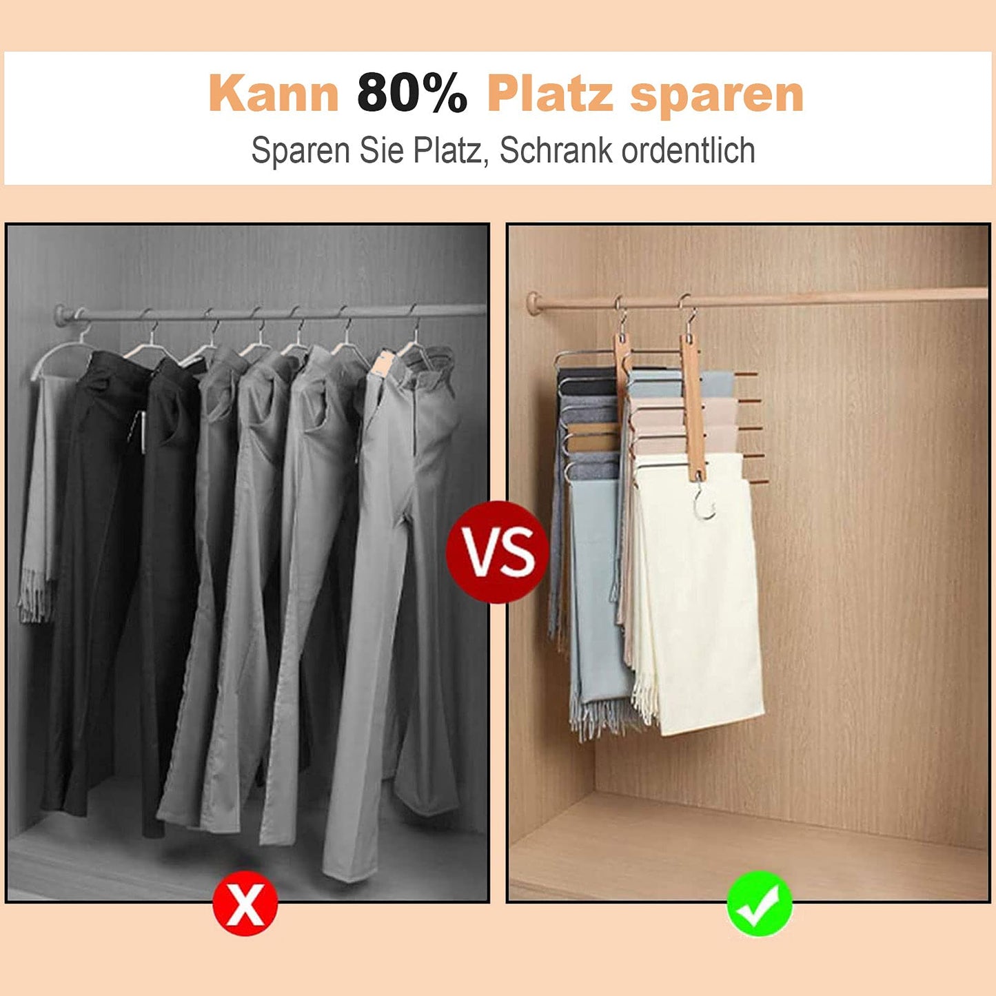 2-piece pants hanger set, space-saving stainless steel pants rack, extendable non-slip wooden hangers for scarves, jeans, and pants.