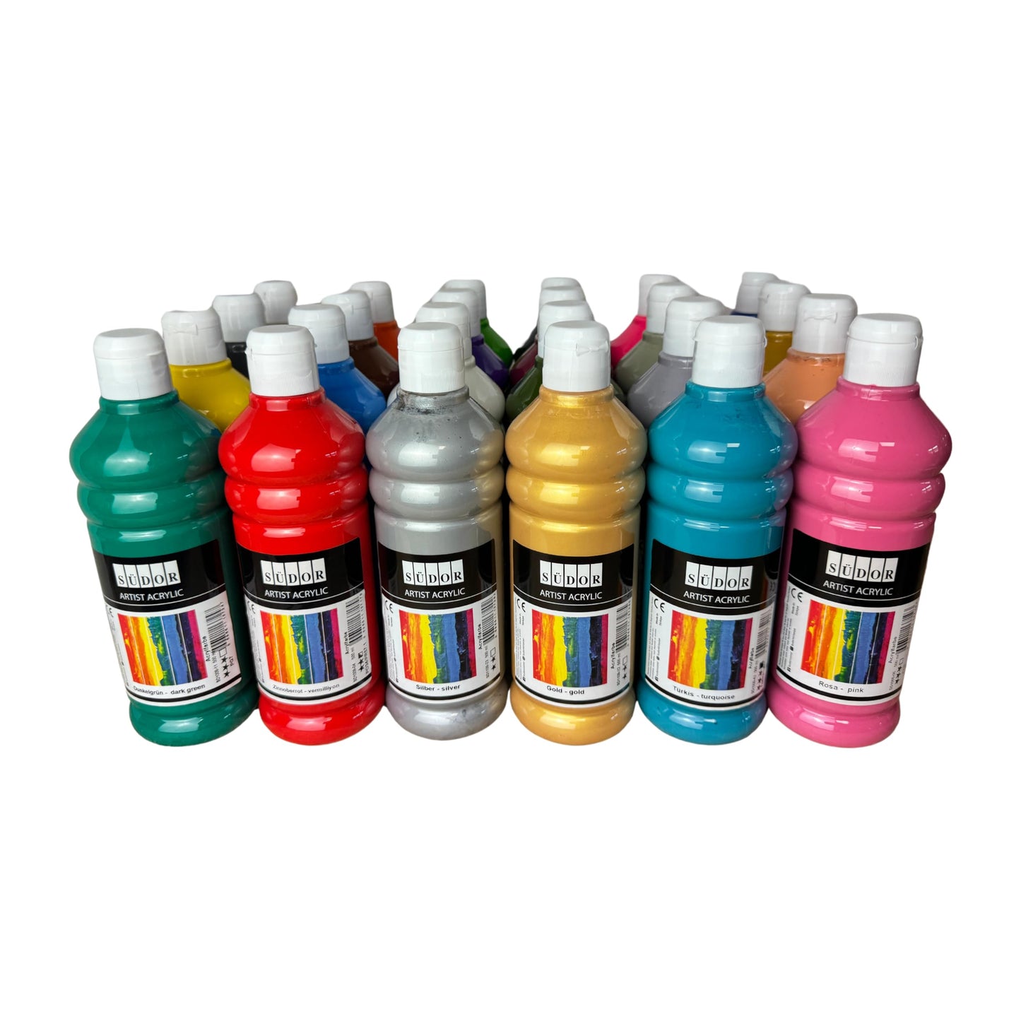 24 color set of acrylic paints, each 500 ml. Highly pigmented and opaque painting colors for canvas, pouring, wood, stone, paper, fabric, metal, etc. All-purpose colors. 24 x 500ml.