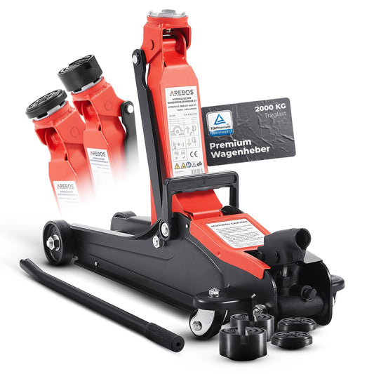 Arebos 2T Hydraulic Trolley Jack - Low-profile jack with lifting range of 85-385 mm - includes 4 rubber pads - jack for car vehicle automotive - sturdy jack & stand for workshop and garage.