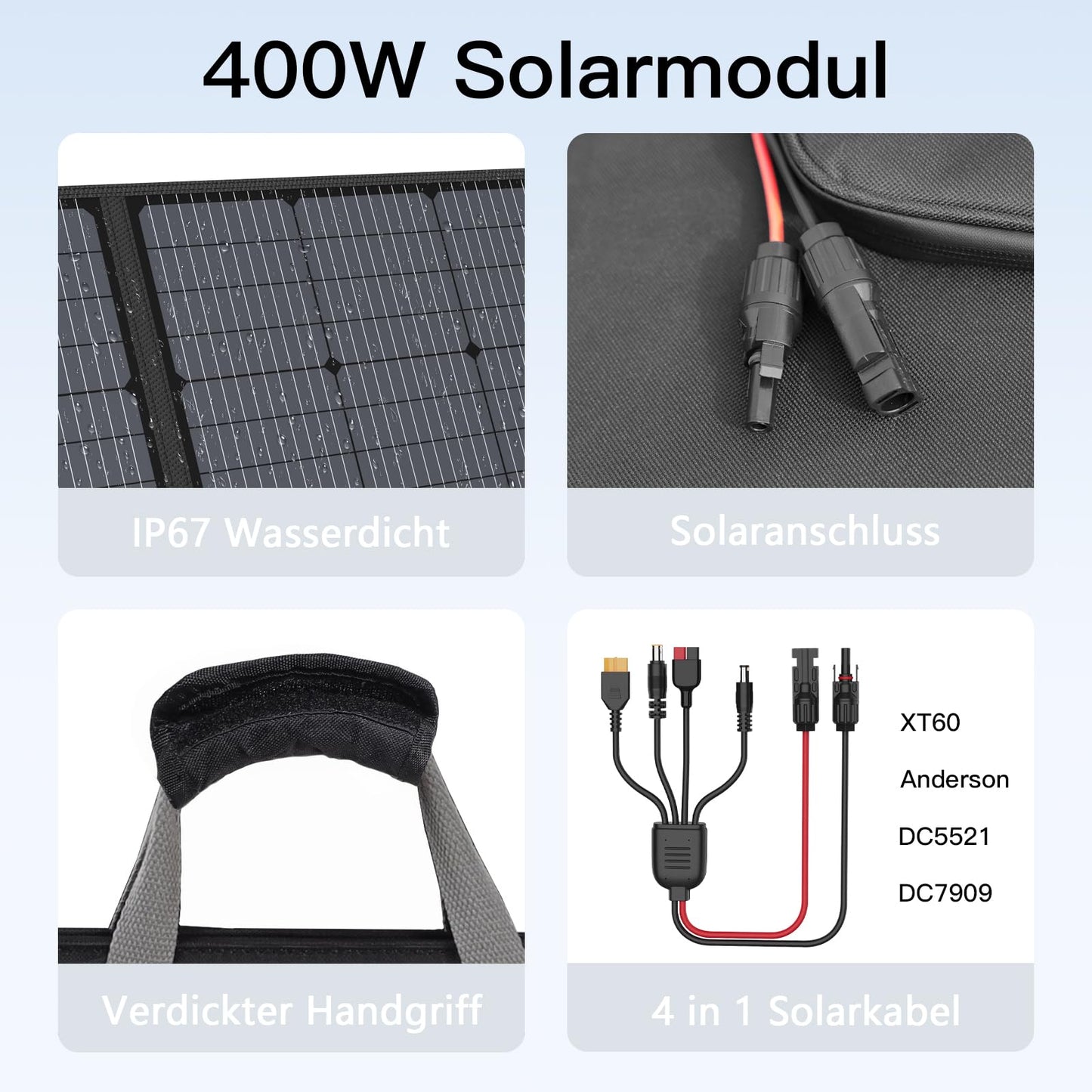 MHPOWOS 400W Portable Solar Panel, Foldable Solar Module Kit complete with an adjustable kickstand, Waterproof IP67 for outdoor camping, portable power station, RV, garden, balcony.