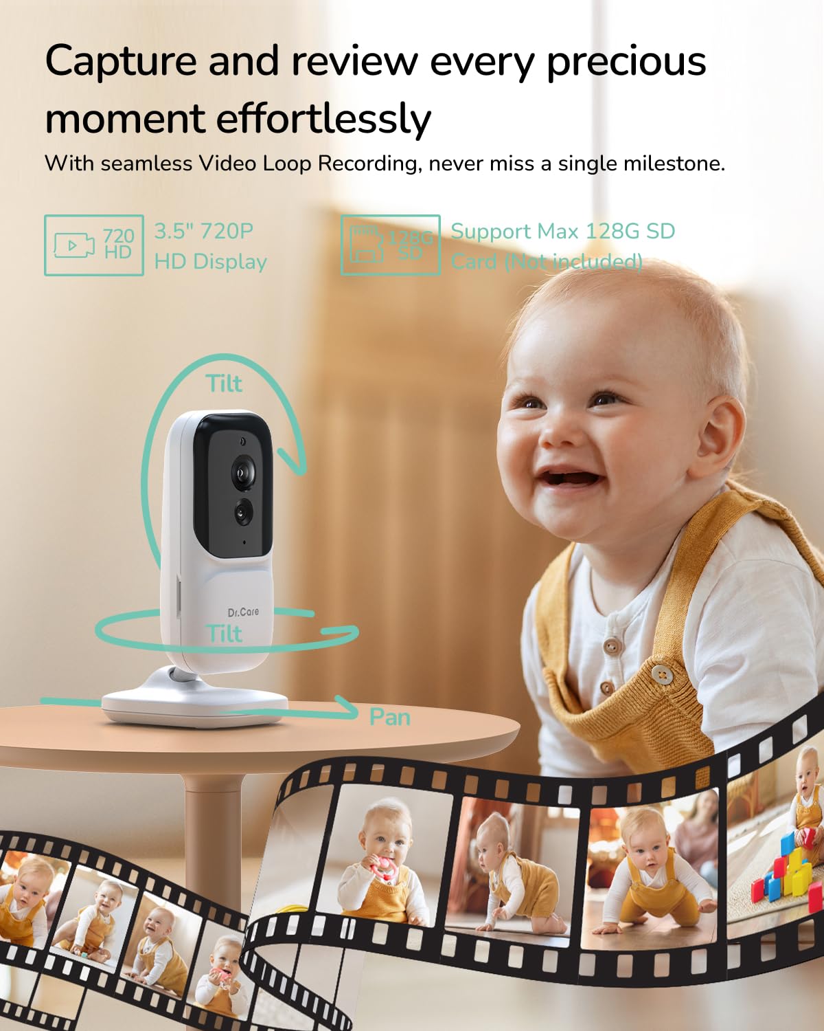 Dr.Care NeoView baby monitor with camera, 3.5" screen, video recording, 2-way audio, loop recording, night vision, VOX, temperature sensor, lullabies, no Wi-Fi, supports up to 128GB.