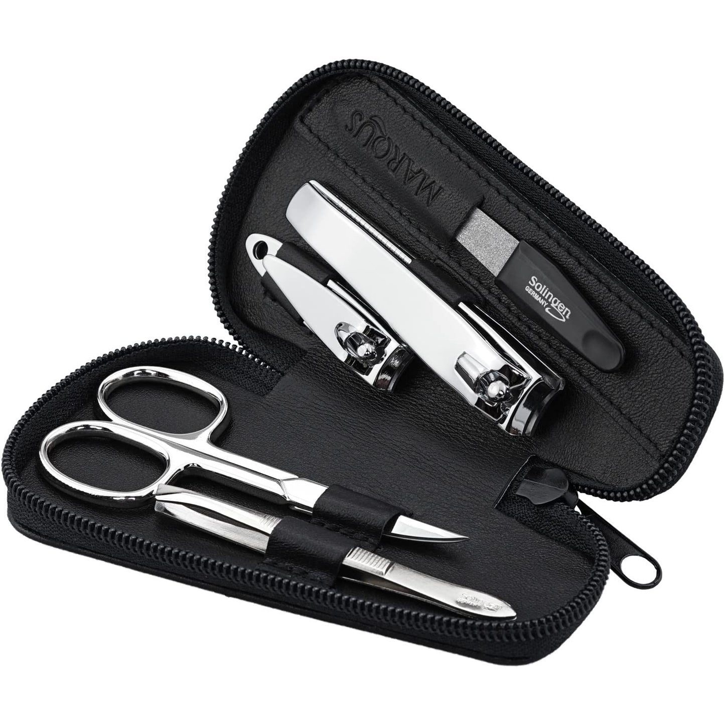 MarQus 5-piece nail set for men and women - file from Solingen - for manicure and pedicure, nail case elegant - nessesair super compact with small and large clippers