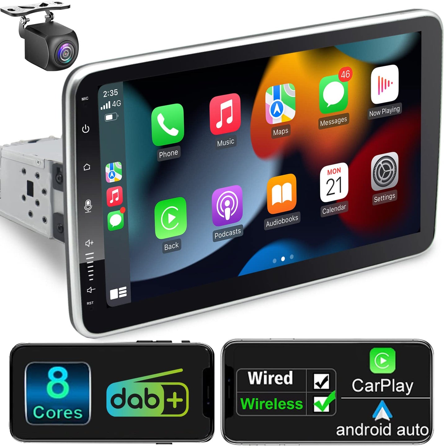 Android 12 car stereo with navigation 10.1 inch screen Built-in DAB+ Wireless Android Auto & Wireless Carplay 1 Din car radio Touch Display with Bluetooth 8 Core 2G+32G WiFi 4G GPS RDS AM Rearview camera