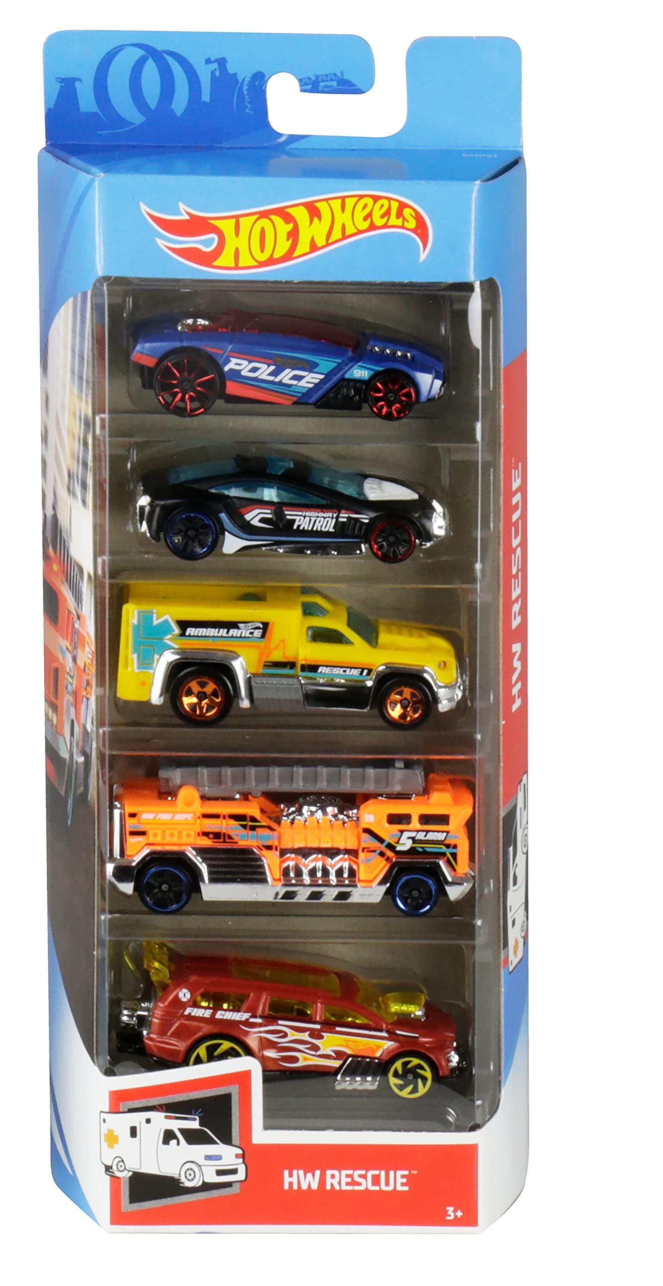Hot Wheels Track Builder Mega Stunt Box & 01806 5-Pack 1:64 Die-Cast Vehicles Gift Set, 5 toy cars, random selection, for ages 3+
