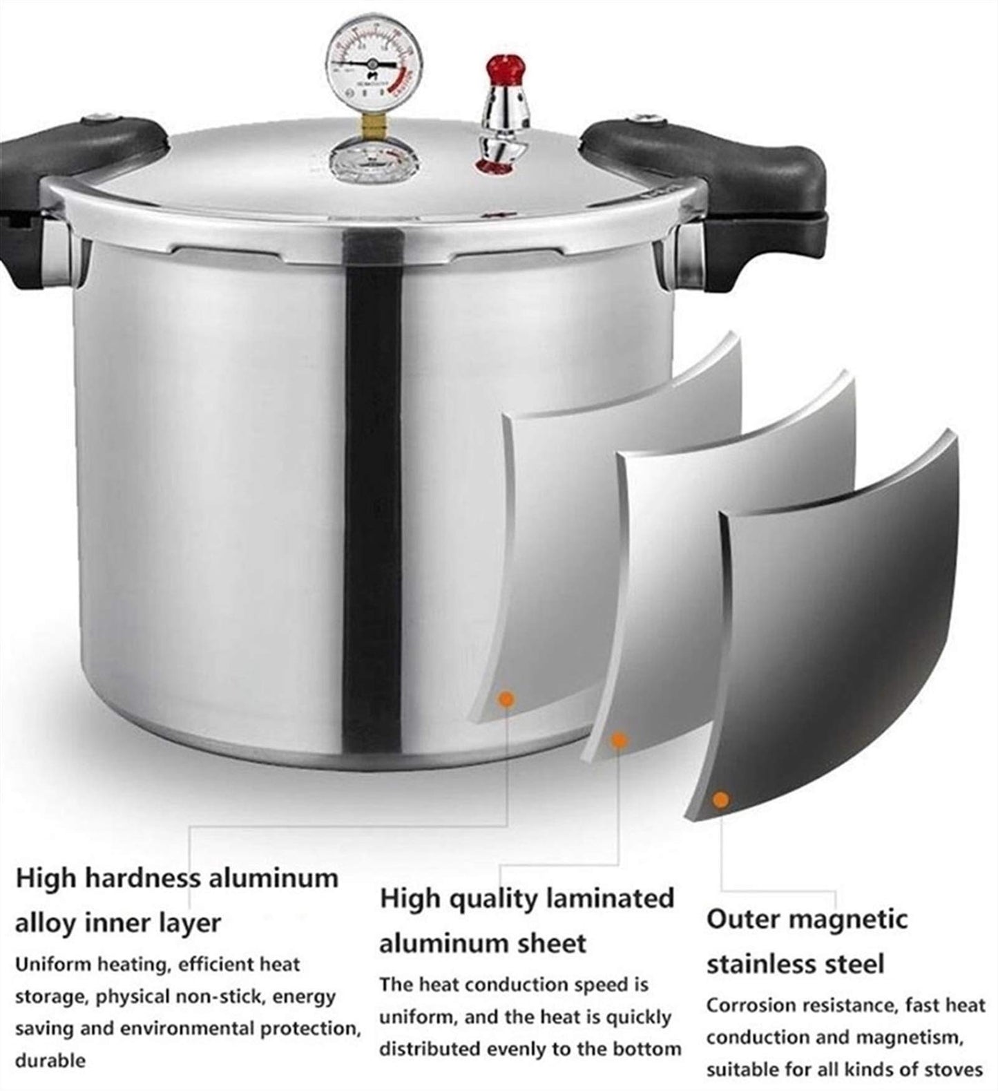 25 liter pressure cooker canner for all American canning needs, water bath canner included. Features pressure gauge, pressure regulator, and induction compatibility. Pressure release valve set at 13 PSI +/- 5%.