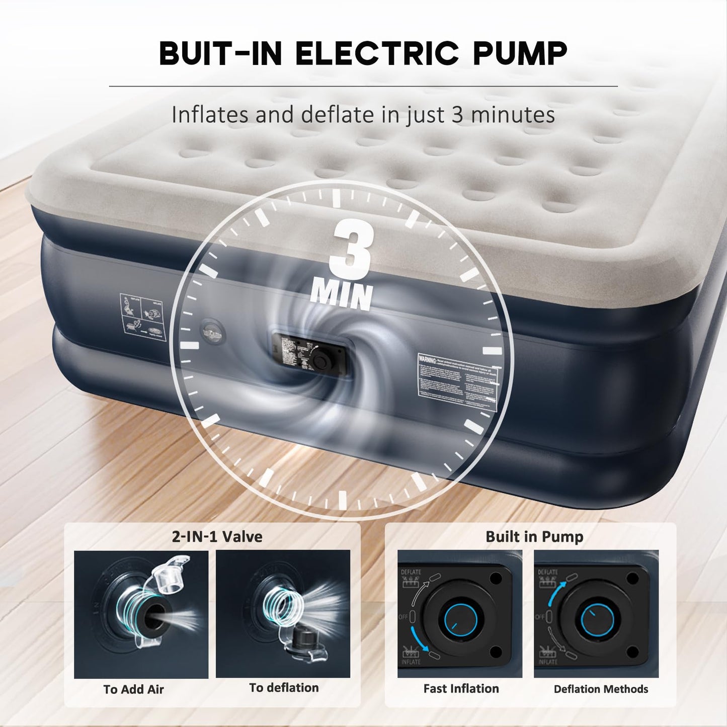 NALONE Air Mattress for 2 Persons, Self-Inflating Air Mattress with Integrated Pump, Self-Inflating Air Bed in 3 Minutes, Inflatable Mattress for Camping & Home Use (Queen)