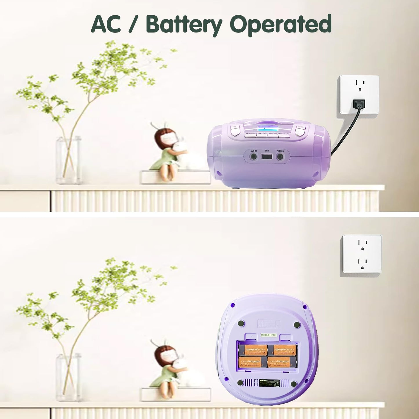 Portable CD Player for Kids - Radio CD Boombox with Bluetooth, FM Radio, USB Input & AUX Connection & Headphone Jack, CD Player for home or on the go (Light Purple)