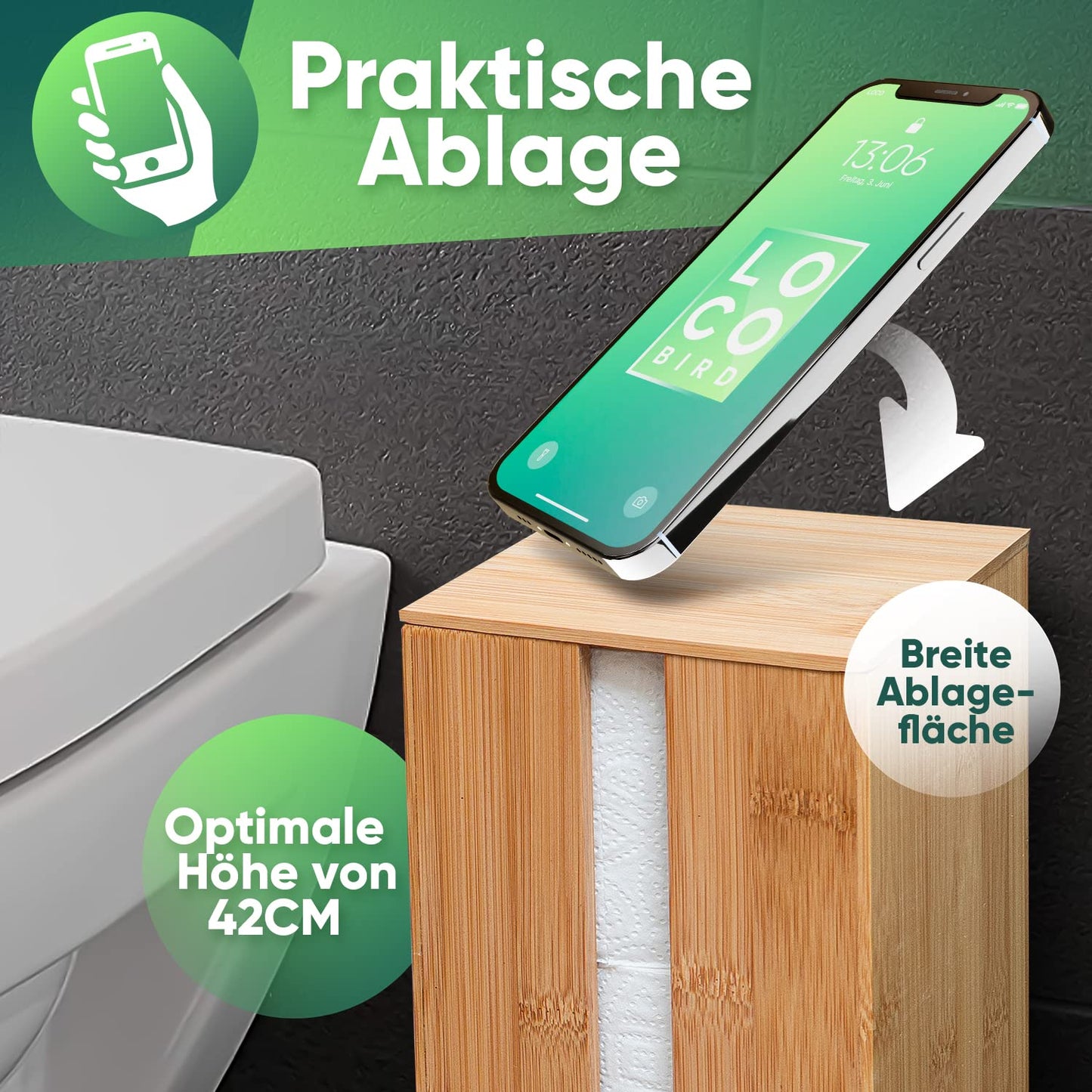 Loco Bird bamboo toilet paper holder - storage for 4 rolls - freestanding toilet paper holder with lid, wooden toilet paper storage, toilet paper roll holder.