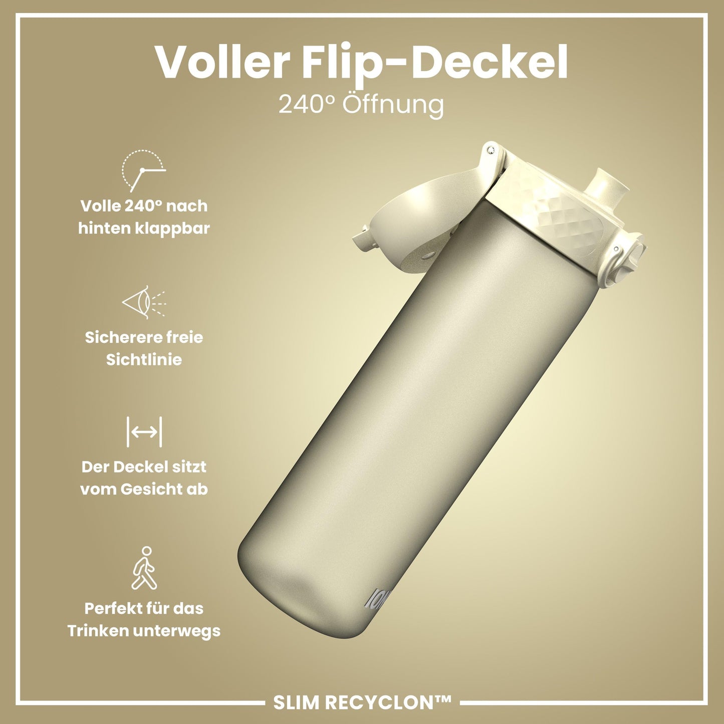 ion8 water bottle, 500ml, leak-proof, one-handed opening, secure locking, dishwasher safe, BPA-free, carrying handle, flip lid, easy to clean, climate-neutral, creamy white.