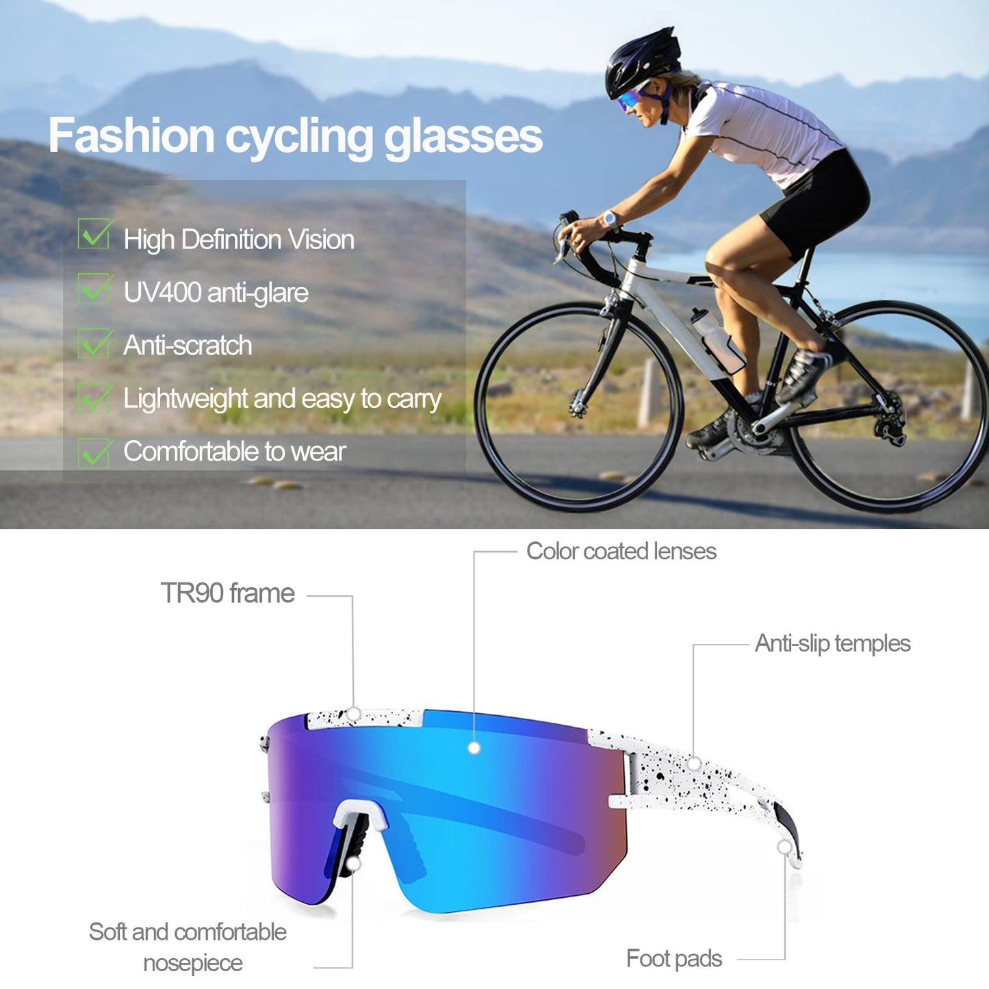 Rapidly Fast Glasses Rave Polarized Sports Sunglasses Cycling Glasses Men Women Sport Sunnies UV400 Protection Cycling Running Golf (White and Blue)