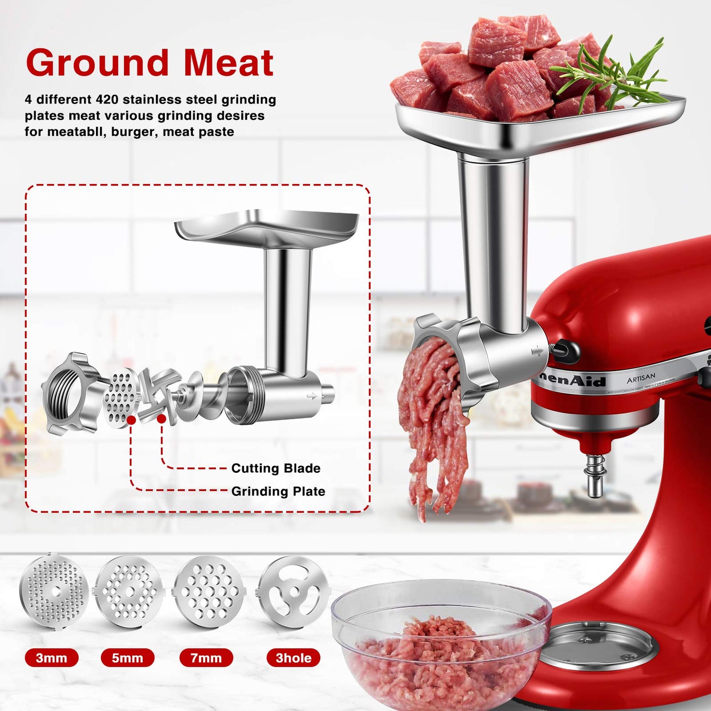 Meat grinder accessory for KitchenAid Artisan - Meat grinder Kitchen Aid includes 3 sausage fillers, 4 grinding plates, 2 blades, burger press, cleaning brush (Artisan not included, accessory only)