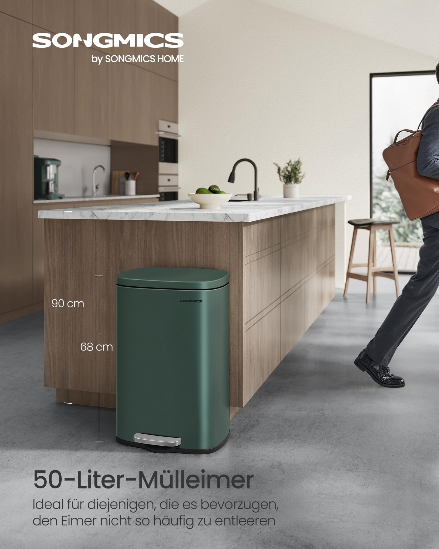 SONGMICS Kitchen Trash Can, 50 liters, Waste Bin, Step Bin, with Lid, Soft Close, Foot Pedal, Steel, Inner Bucket, Vintage Green LTB050C02