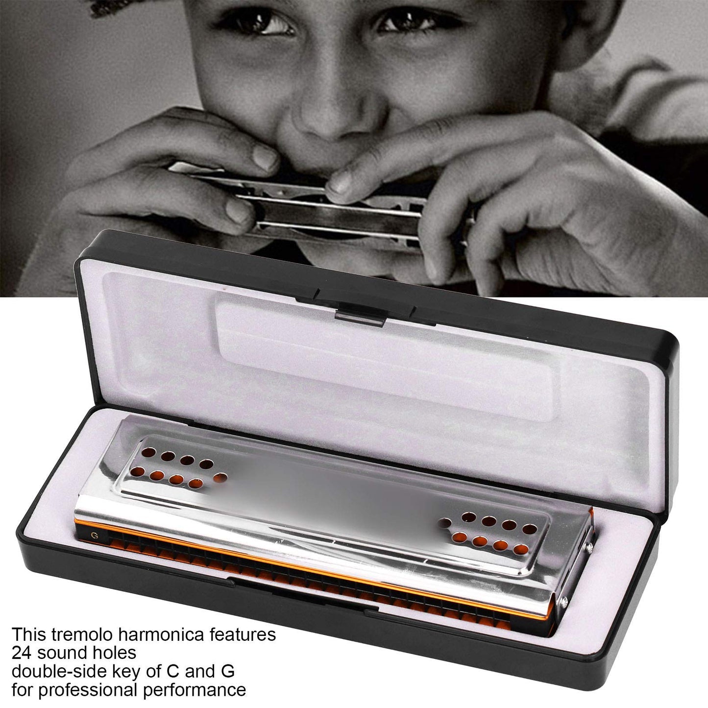 24 Holes C & G Key Double-sided Harmonica, Tremolo Harmonica with Box Musical Instrument for Beginners