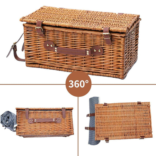 Willow picnic hamper for 4 with insulated cooler and waterproof blanket. Includes utensil set. Large willow picnic set for outdoor camping (Brown).