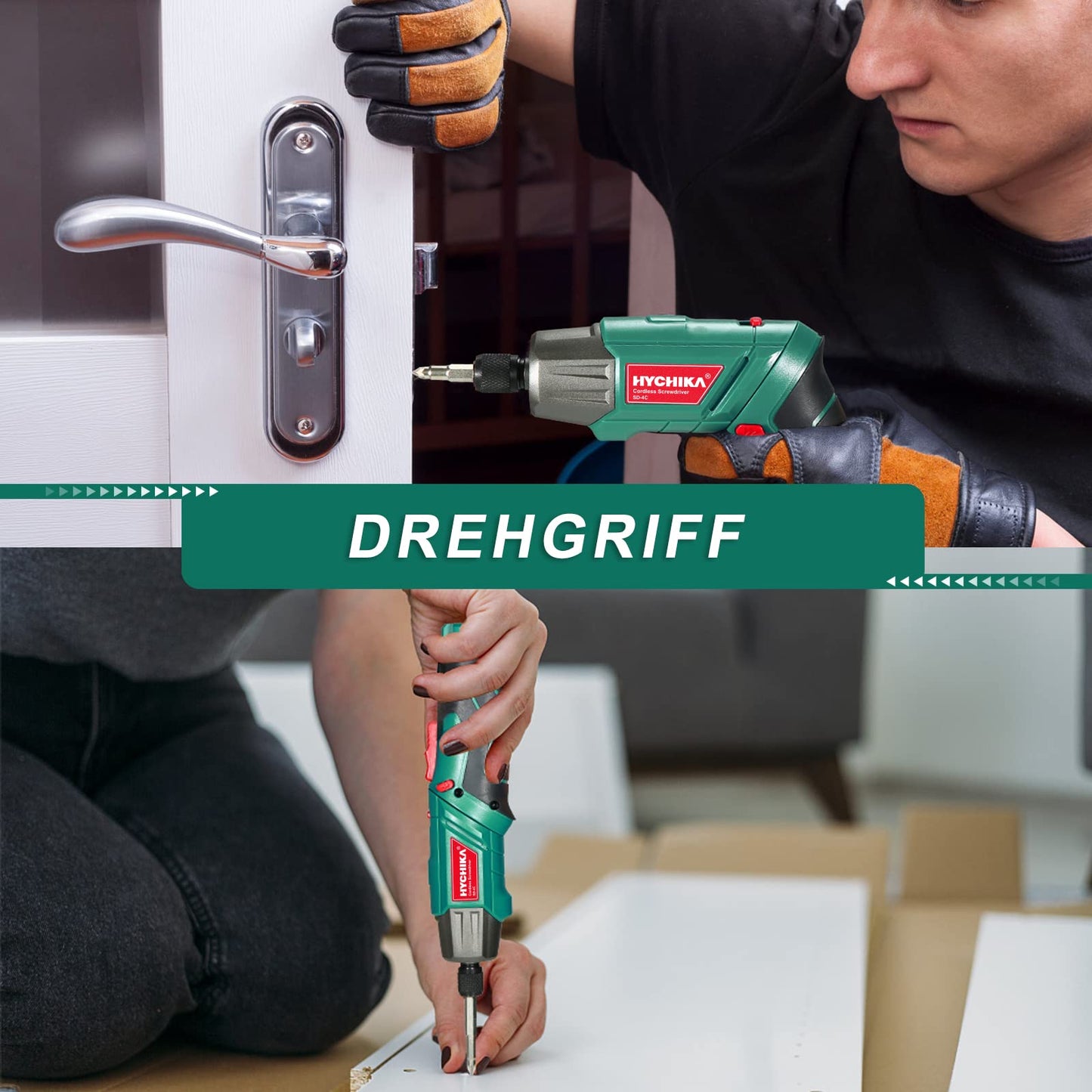 HYCHIKA cordless drill, 6N·m torque 2000mAh 3.6V battery with 35 accessories, LED light and flashlight, battery drill with USB cable and storage box.