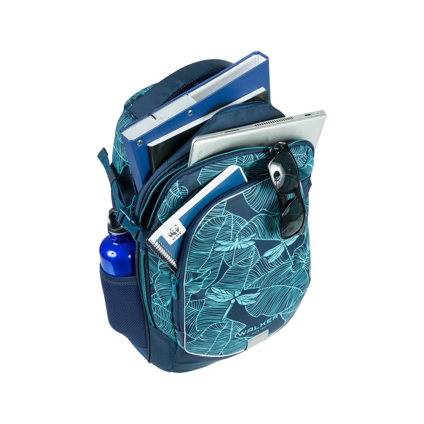 Walker school backpack Fame 2.0 "Glow in the Dark" with 2 compartments, side pockets, and glowing effect. School bag includes back padding, adjustable shoulder, and chest straps.